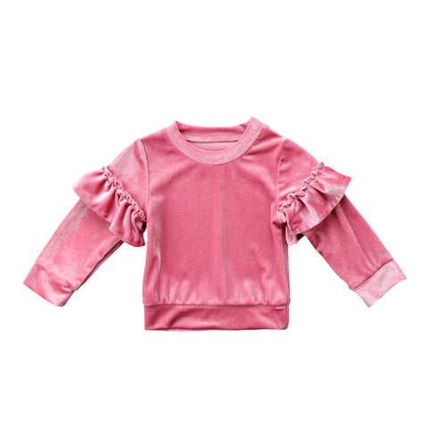 Cute Kids Baby Girls Clothes round neck pullover solid cotton casual Tops Toddler Ruffle Long Sleeve Sweatshirts one pieces
