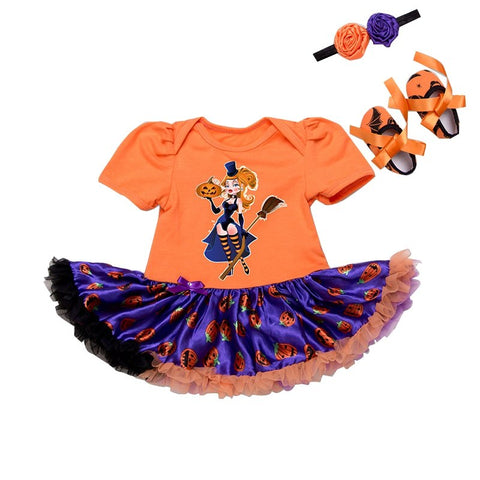 Cute Newborn Baby Boys Girls Clothes Pumpkin Witch Bodysuit Dress+Headband+Shoes 3pcs Suits Baby Clothing My First Halloween