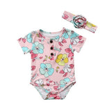 Cute Newborn Baby Girl Summer Floral Donut Print Short Sleeve Cotton Romper Jumpsuit Headband 2PCS Outfits Sunsuit Baby Clothes
