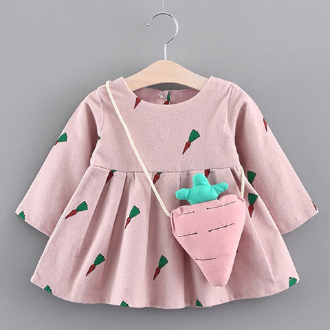 Cute Toddler Baby Girl Carrot Print Long Sleeve Princess Dress With Small Bag Fashion Design 2018 Summer New Cotton Baby Infant