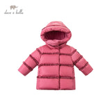 DB15321 dave bella winter baby girls striped ruched hooded down coat children 90% white duck down padded kids jacket