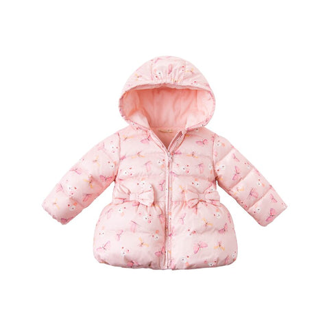 DBM16038 dave bella winter baby girls bow cartoon print hooded down coat children 90% white duck down padded kids jacket