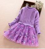 Girls Knitted Clothing Dress Turtleneck Sweater Patchwork Three Layer Mesh Dress with Small Ball akd Stereo Floral