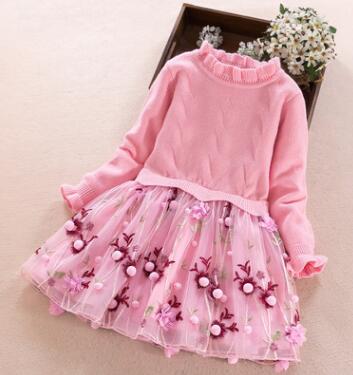 Girls Knitted Clothing Dress Turtleneck Sweater Patchwork Three Layer Mesh Dress with Small Ball akd Stereo Floral