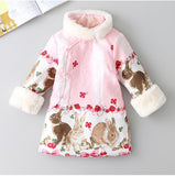 Girls Print Floral Dress Plus Cotton Chinese Style Plate Buckle Cheongsam Splide Design Fur Collar Clothes New Year