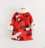 Girls Print Floral Dress Plus Cotton Chinese Style Plate Buckle Cheongsam Splide Design Fur Collar Clothes New Year