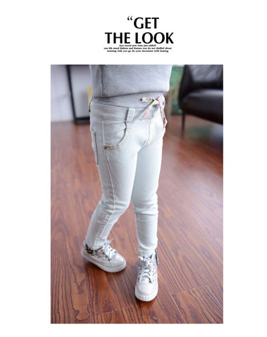 Elastic Drawstring Girls Jeans Blue Solid Denim Pants Girls Trousers Girl Clothes Girls Jeans Elastic Autumn Casual Skinny Pants