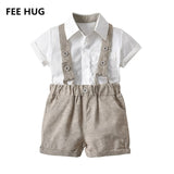 Summer Baby Boys Clothes Sets Cute Toddlers Boys Formal Wedding Party Clothes Newborn Boys Tie+T shirts+Overall Pants