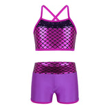 Kids Girl Tankini Suit Sleeveless Sequins Mermaid Scales Tank Top Shorts Set for Ballet Dance Gymnastics Workout Clothes