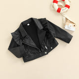 FOCUSNORM 2-7Y Autumn Kids Girls Jacket PU Leather Solid Color Zipper Ruffles Long Sleeve Turn Down Coats