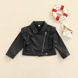 FOCUSNORM 2-7Y Autumn Kids Girls Jacket PU Leather Solid Color Zipper Ruffles Long Sleeve Turn Down Coats