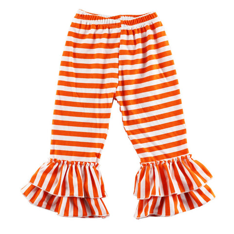 Fall Girls Legging,Double Ruffle Pants ,Cotton striped girls Ruffled Pants,Orange White Striped Toddle ,Birthday