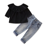 Fashion Baby Girls Ruffles Denim Clothing set Toddler Kids Black/Red Tops Jeans Pants Clothes 2pcs Outfit Set