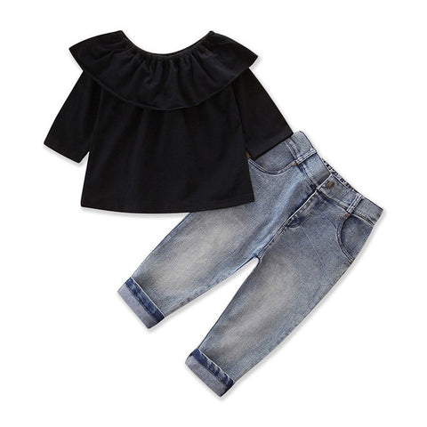 Xiaoluokaixin Toddler Baby Girl Outfit 2 Piece Lace Floral Off Shoulder  Crop Top Embroidered Ripped Jeans - Walmart.com