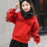 Fashion Casual 2018 Spring Fall Red Green Tassel Girls Shirts Kids Child Long Sleeve Girl Tops Baby Teenage Clothes JW2851