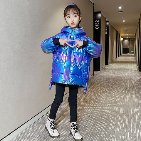 Children Cotton Jacket For Girls Warm Parka Shinny Back Angle Wings Thicken Outerwear Kids Winter Clothes 4-13Yrs