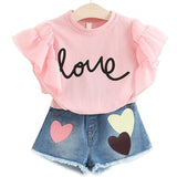 Fashion Children Girl Summer Clothes Ruffles Sleeve White /Pink Tops+Jeans Shorts 2pcs Sport Outfit Kids Clothing Set