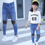 Fashion Girls High Waist Denim Stretch Jeans Skinny Ripped Flare Hole Ankle Length Pants Trousers Blue For 4 6 8 10 12 14 Years