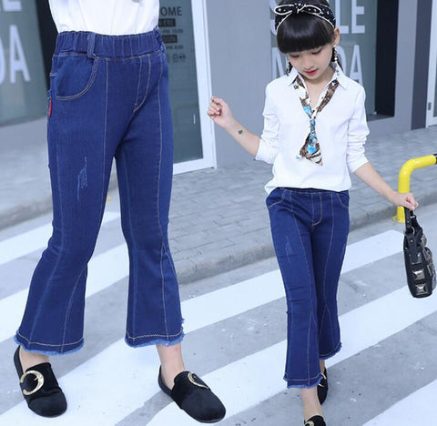 Fashion Girls High Waist Denim Stretch Jeans Skinny Ripped Flare Hole Ankle Length Pants Trousers Blue For 4 6 8 10 12 14 Years