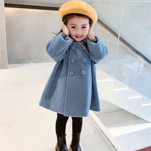 Girls Winter Solid Double Breasted Knee-length Top Outwear Kids Baby Princess Windbreaker Jacket Children Clothes 2-8Y