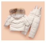 Kids Girls Set Clothing Boy Set Wear Snow Parka Duck Down Coat + Overalls Big Fur With Hooded Windproof Thicken Outfit