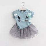Floral Girls Suit Childrens Clothes O-Neck Cartoon Kitten Printed T-Shirts+Net Veil Skirt 2Pc Sets Toddler Girls Summer Clothing