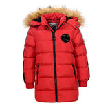 European Brand Teenage Children Winter Warm Thick Parkas Boys Cute Pattern Tape on Sleeve Jackets Coats with Hoodie