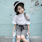 Girl Children's We Suit 2018 Fashion Strapless T-shirt+Bow Plaid Trousers Set Teen Girls Princess Suit Baby Girl Clothes