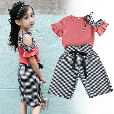 Girl Children's We Suit 2018 Fashion Strapless T-shirt+Bow Plaid Trousers Set Teen Girls Princess Suit Baby Girl Clothes