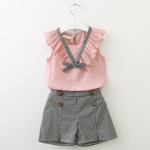 Girls Clothing Sets 2018 New Style Summer Children Clothes Cute Plaid Lace + White Bow Short Pants 2pc Kids Clothes Sets