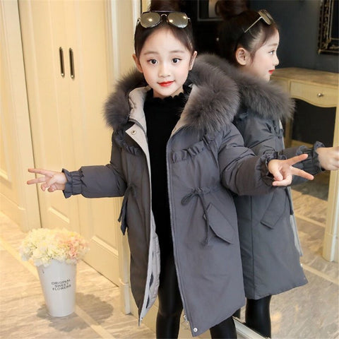 Girls Cotton Long Jacket&Outwear Children Jacket Girls Winter Clothes Warm Coat Fur Hooed Snowsuit Kids