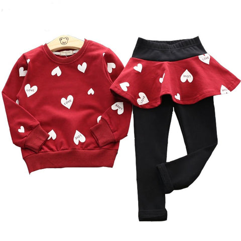 Girls Cotton Pink Red Print Blouse T Shirt Skirt Leggings Pants Clothes Sets Baby Children Kids Christmas Clothing Set 2 4 5 6 8