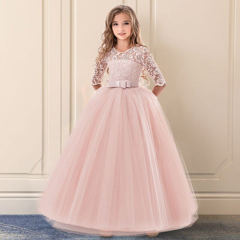 Girls Dress For Exquisite Communion Pink Long Lace Tulle Wedding Dresses Teens Kids Graduation Costume Girl Childrens Clothing