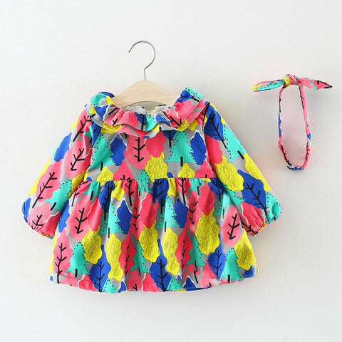 Girls Dress Toddler Baby Girl Long Sleeves Small Tree Print Lace Princess Dress+Headband Set Roupas Infantil Menina#S4