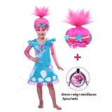 Girls Dresses Trolls Poppy Cosplay Costume Dress For Girl Poppy Dress Streetwear Halloween Clothes Kids Fancy Dresses Trolls Wig