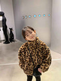 Girls Leopard Printed Faux Fur Coat   Winter Kids Thicken Warm Long Sleeve Fur Outerwear Children Loose Overcoats