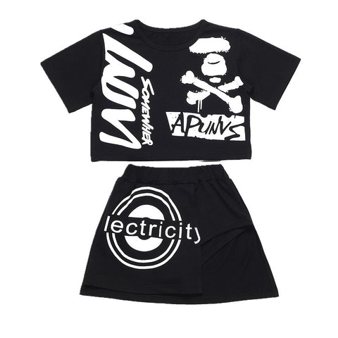 Girls Summer Clothes 2 Piece Set White Black Cotton Crop Top And Shorts / Legging Suit Girl Outfit Kids Hip Hop Dance Clothes