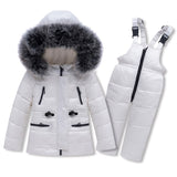 Girls White Duck Down Snow Coats -30 Degree Russian Winter Baby Boy Overalls Children's Fur Collar Ski Suit For kids Warm Jacket