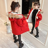 Girls Winter Cotton-padded Coat Children's Plus Velvet Thick Long Red Lantern Sleeves Big Fur Collar Jacket Girls Outerwear