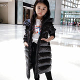 Girls Winter Down Jacket   Kids Hooded Warm Long Outerwear Gloss Black For Teenager Girl 85-155 CM Parka Coat TX328