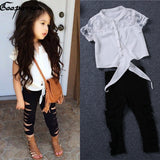 Girls clothes set summer white lace shirt ripped leggings baby girl clothing set fashion brand outfits kids clothes suit holes