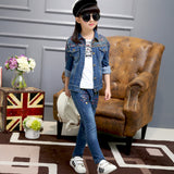 Girls clothing sets autumn Children Denim Coats and Pants Kids Floral T-shirt Teenage Turn-down Coll Tops and Jeans Trousers