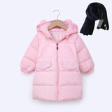 Winter Children Thick Long Down Jacket Boy Warm Solid Co + Scarf Girl Cute Rabbit Ears Co 24M-8T, JC215