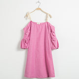Ruched Dress Pink Strap Off Shoulder Dresses for Party Teenagers Shift Dress 100% Cotton Clothes for Big Teens Girl
