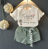 2 3 4 5 6 Ye Kids Clothes Sleeveless Print Letter Flower T-shirt+Shorts 2PCS Sets Girls Cotton Summer Outfit