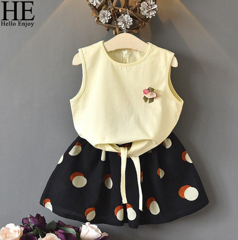 2018 Casual Children Clothing Sleeveless Solid Vest+Dot Skirt 2PCS Kids Suits Girls Sets Summer 2 3 4 5 6 Year