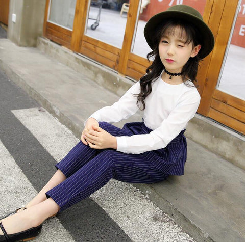 Childrens Clothes Autumn Winter Teenagers Girls Clothing Sets Long Sleeve Bow Tops+Stripe Pants 2pcs Suits Kids