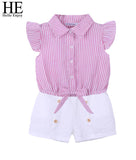 Toddler Girls Summer Clothing Set 2 3 4 5 6 Ye Kids Clothes Stripe Bow Shirts+White Shorts 2 Pieces Suits Child