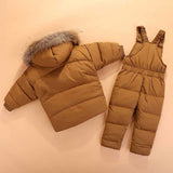 2018 New Children Clothing Set Jumpsuit Snow Jacket+bib Pant 2pcs Set Baby Boy Girls Duck Down Jacket Co Fur Hood 0-3A