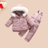 Children Clothing Set Jumpsuit Snow Jacket+bib Pant 2pcs Set Baby Boy Girls Duck Down Jacket Co white Fur Hood 0-3Age